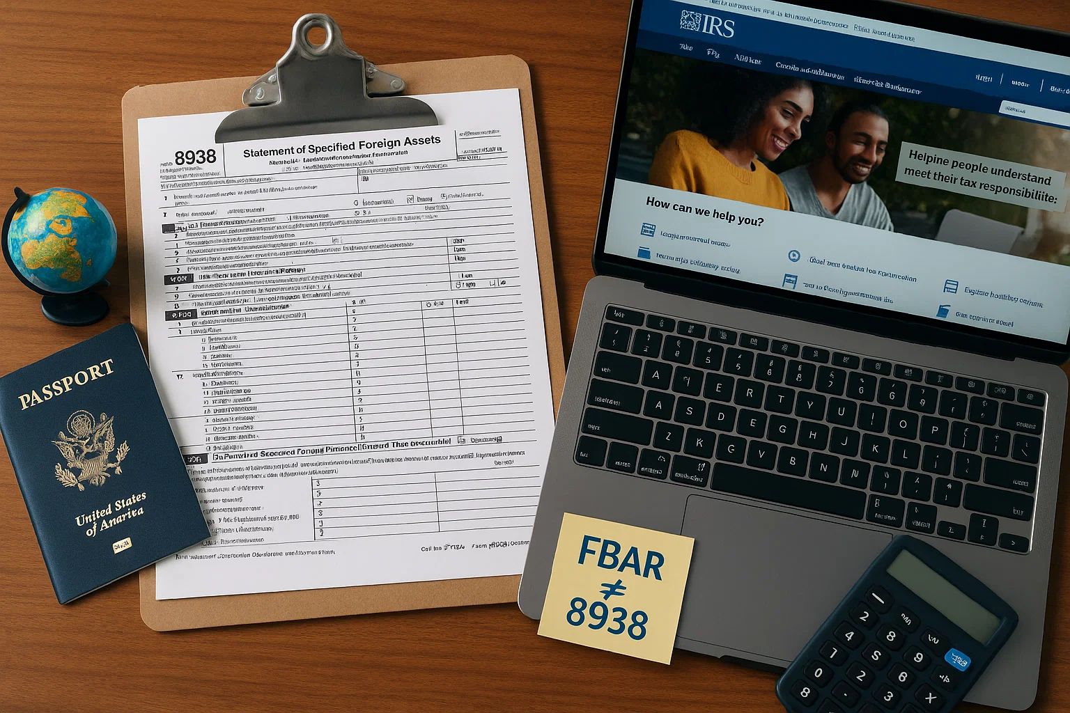 Flat-lay of Form 8938 with laptop, passport, globe, and calculator highlighting FATCA reporting