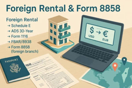 Infographic scene highlighting U.S. filings for foreign rental property, including Form 8858 for foreign branch activities