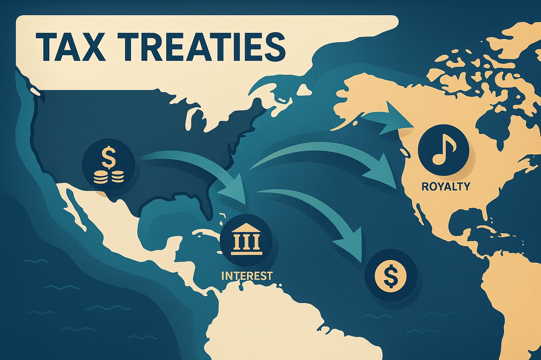 San Diego–Pacific map with connecting arrows and small finance icons illustrating tax treaties.